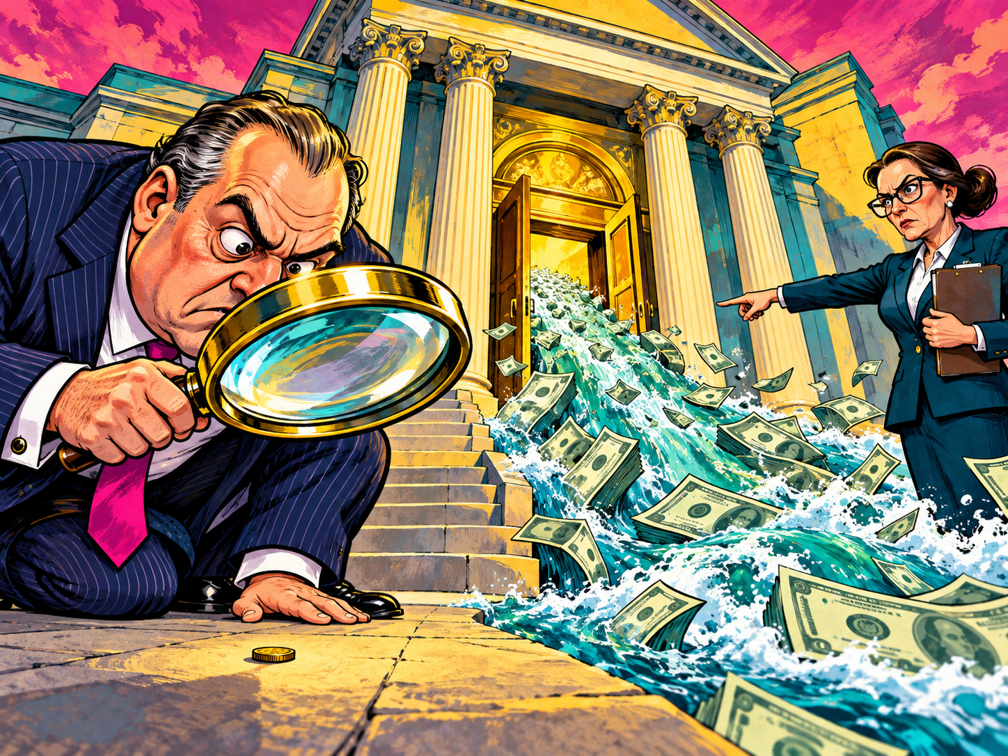 Satirical illustration of a banker studying a coin while a river of money passes by