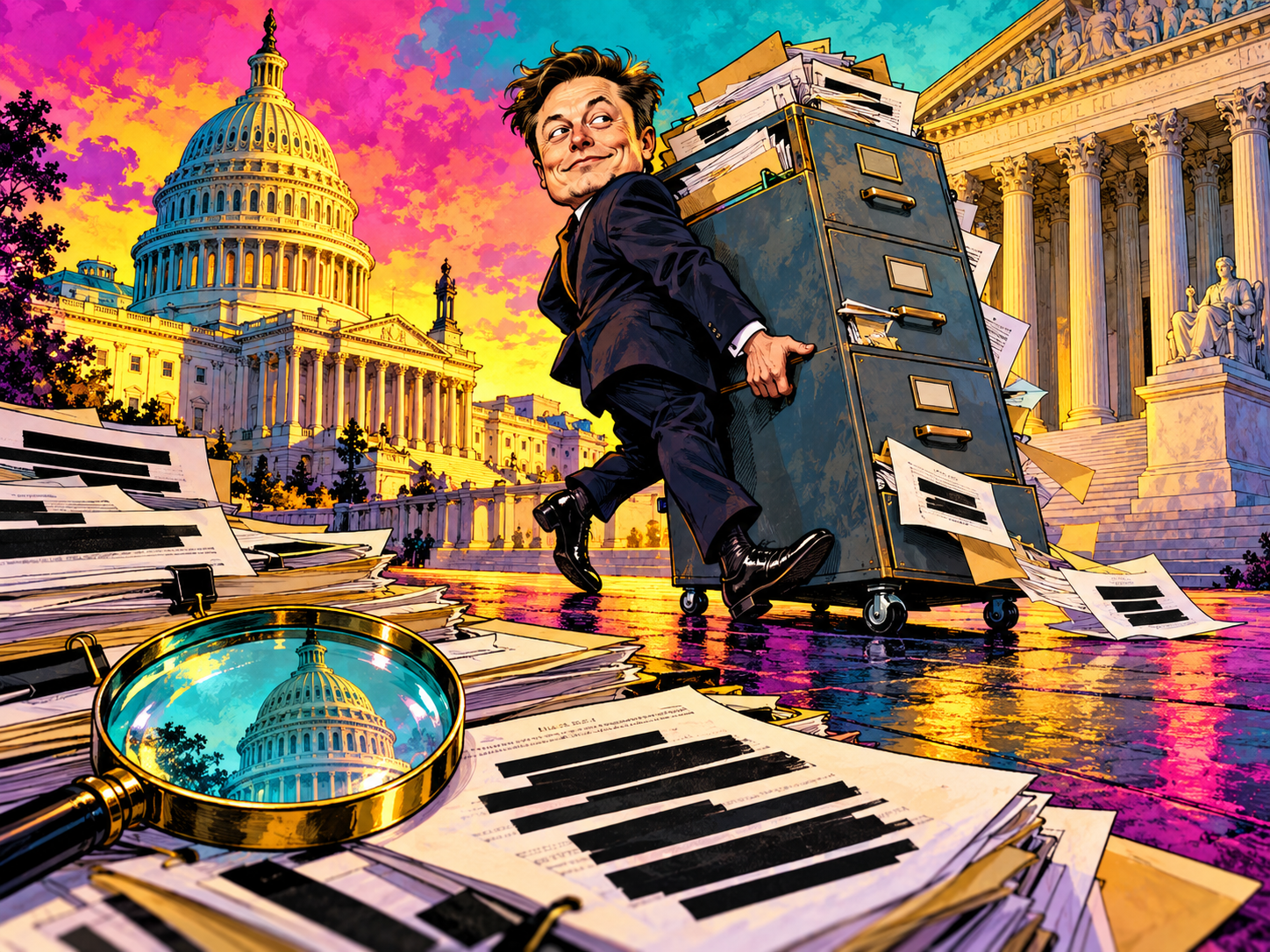 Satirical illustration of a filing cabinet being wheeled away from a courthouse