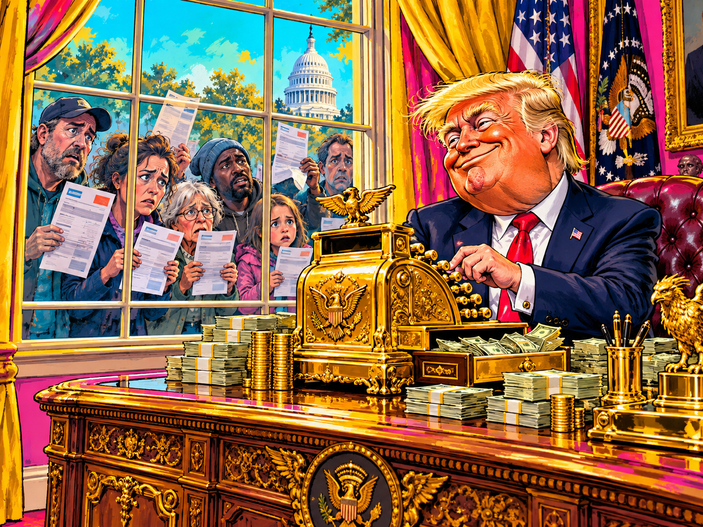 Satirical illustration of a golden cash register on a presidential desk